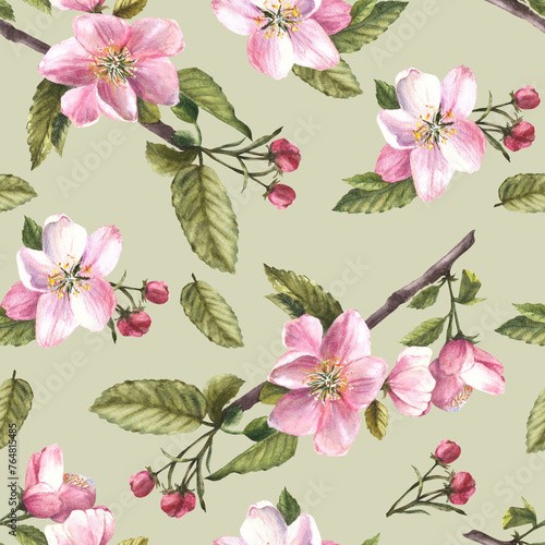 Branch of apple or other spring blossom tree seamless pattern  flowers and buds. Springtime blooming plant. Hand drawn botanical clipart for fabric  wrapping  wallpaper print Isolated green background