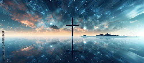 A serene scene of a cross standing on a calm lake with a beautiful sky background