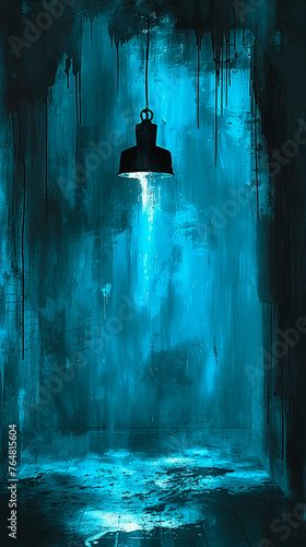 Ilustración de sala de interrogatorios bacía con lampara colgada del techo