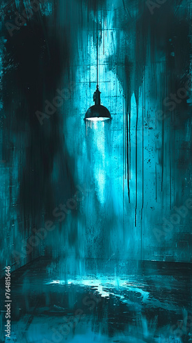 Ilustración de sala de interrogatorios sucia y bacía con lampara colgada del techo photo