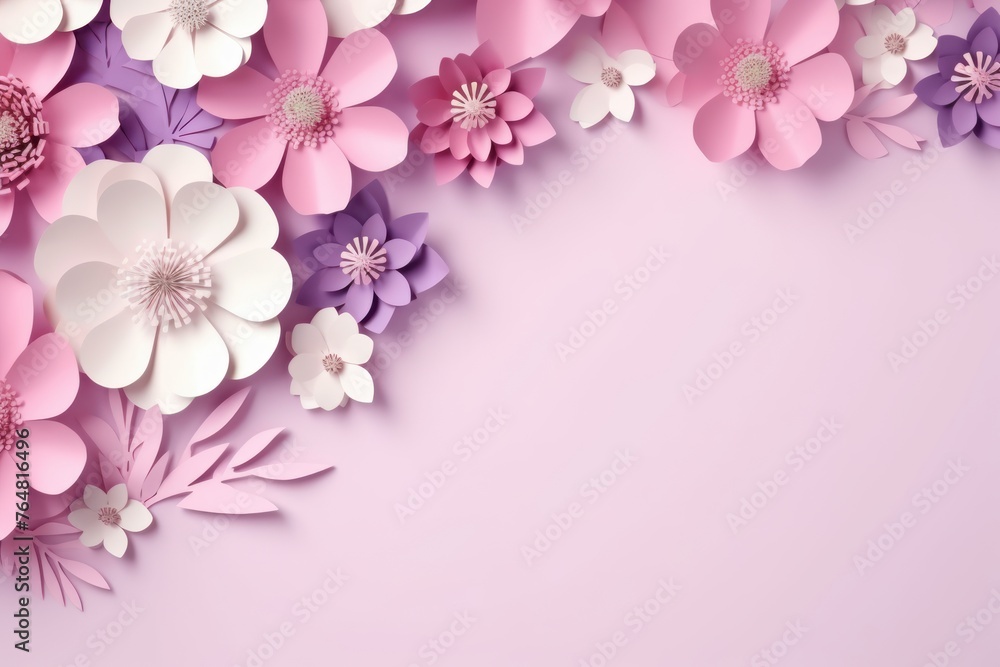 Flowers and leaves cut out of paper in pink and lilac tones. Flower banner, poster, template with copy space. 