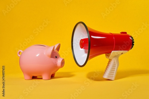 Red and white megaphone and piggy bank on yellow background, marketing investment concept
