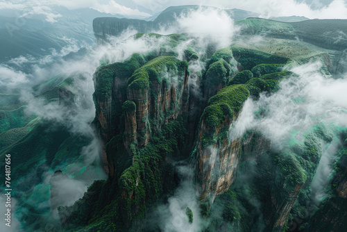 Cinematic shot of the view from above, looking down at an epic mountain range with clouds rolling over and mist hanging in between mountains, green grass on cliffs photo