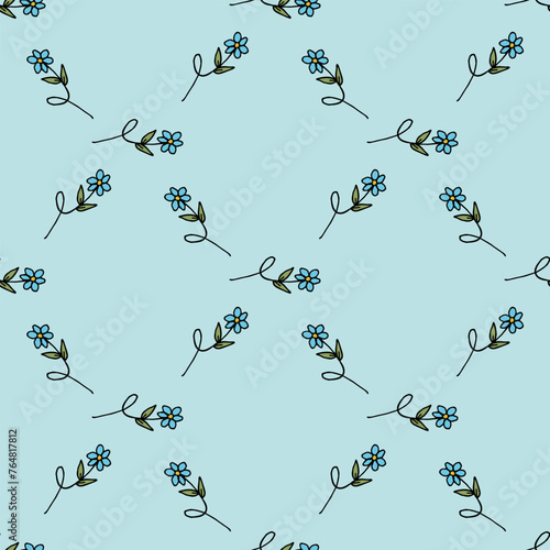 Seamless pattern with blue flowers on light blue background. Vector image.