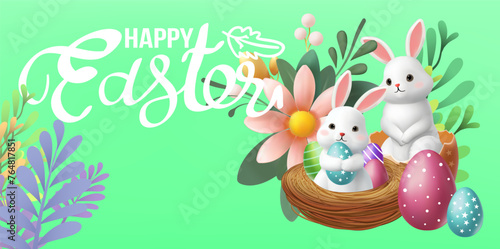 3D Vector Easter banner with rabbits and beautiful painted eggs on background.Greetings and presents for Easter Day Concept of Easter egg hunt or egg decorating art