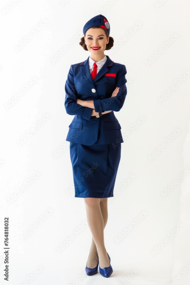 A full body photo of a smiling stewardess on a white background A full body photo of a smiling stewardess on a white background