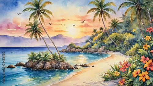 Seascape. Summer tropical beach with golden sand  waves  and palms. Horizontal landscape watercolor illustration