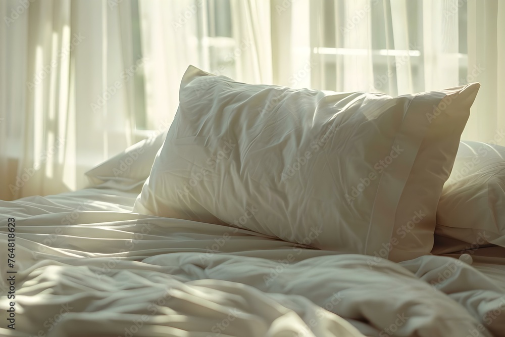 White soft bed pillow in a modern bedroom setting captured up close in daylight. Concept Soft Furnishings, Bedroom Decor, White Pillow, Daylight Photography, Modern Interior White soft bed pillow in a modern bedroom setting captured up close in daylight. Concept Soft Furnishings, Bedroom Decor, White Pillow, Daylight Photography, Modern Interior