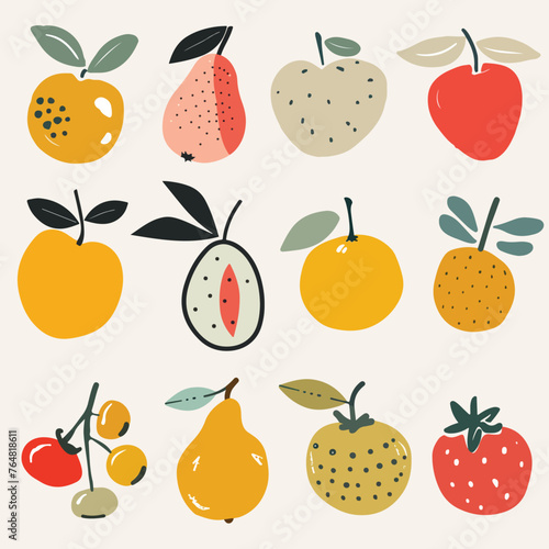 A set of abstract vector Fruits. Illustration for scrapbook, label, poster, print, menu