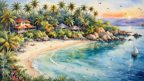 Seascape. Summer tropical beach with golden sand  waves  and palms. Horizontal landscape watercolor illustration