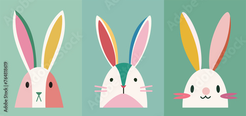 Happy Easter vector watercolor cards set with cute Easter bunny