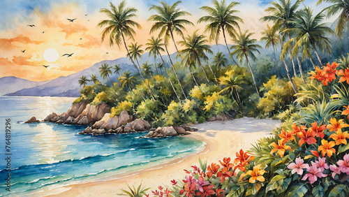 Seascape. Summer tropical beach with golden sand, waves, and palms. Horizontal landscape watercolor illustration
