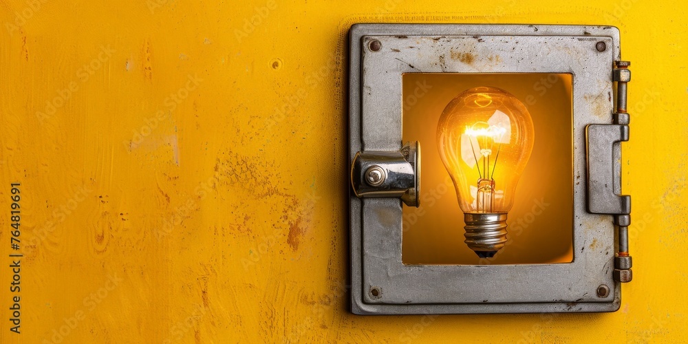 Light bulb inside metallic safe on yellow wall, secret idea concept Light bulb inside metallic safe on yellow wall, secret idea concept