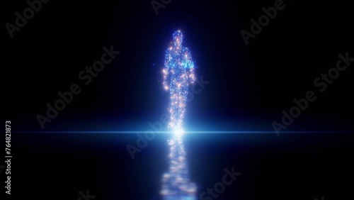 Digital Man Blue and Orange Color Dots Walking, Abstract Dark Cyber Space and Bright Light. Artificial Intelligence Beautiful Illustration. Neural Networks Avatar 3d Animation Technology Concept 4k. photo