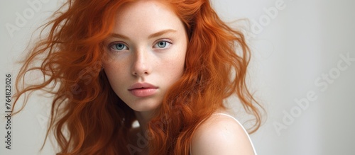 A woman with fiery red hair, striking blue eyes, and a sprinkling of freckles on her face