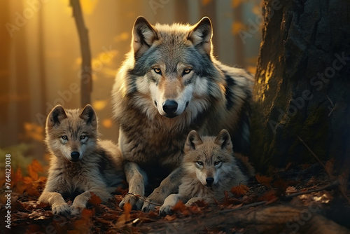 Family of wolf in the forest, Mammals, Wildlife Animals. Illustration, Generative AI. © yod67