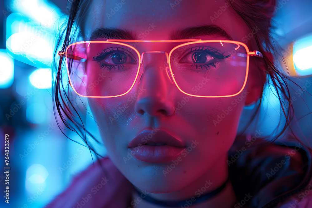 A beautiful woman in a futuristic neon style, perfect as an intro or preview for a music album A beautiful woman in a futuristic neon style, perfect as an intro or preview for a music album