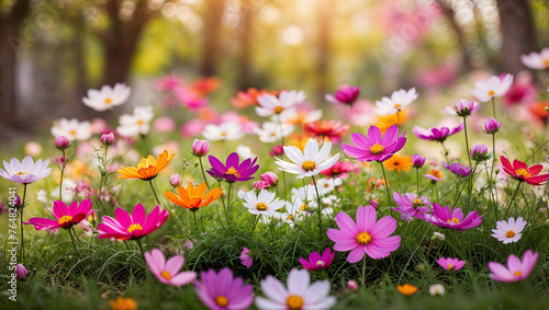 Colorful Asteraceae cosmos flowers in bloom, morning sunlight through trees and growing abundantly in green spring garden grass.   photo