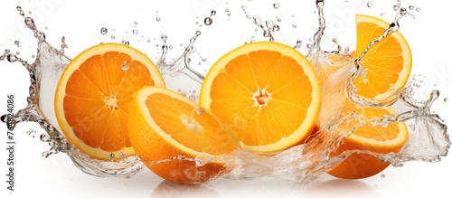 Oranges are falling into the water creating splashes around them