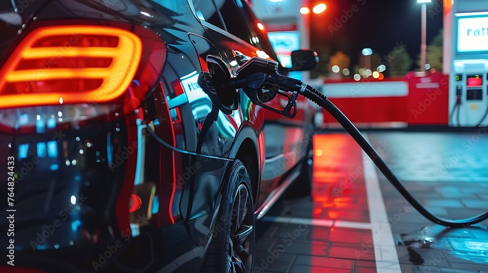 Efficient Modern Automobile Being Refueled with High-Quality Gasoline at a State-of-the-Art Gas Station, Embracing Sustainable Energy Practices and Technological Advancements - obrazy, fototapety, plakaty 