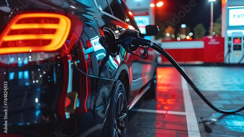 Efficient Modern Automobile Being Refueled with High-Quality Gasoline at a State-of-the-Art Gas Station, Embracing Sustainable Energy Practices and Technological Advancements photo