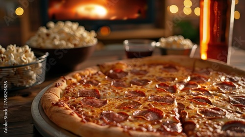 A cozy family movie night at home, with a large, cheesy pepperoni pizza on the coffee table. 
