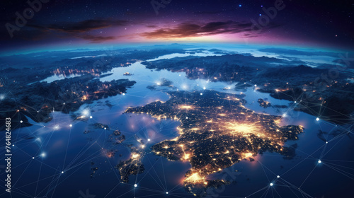 Asian telecommunication network connected over korea. Global network on earth from space, world finance connectivity, business trading, telecommunications