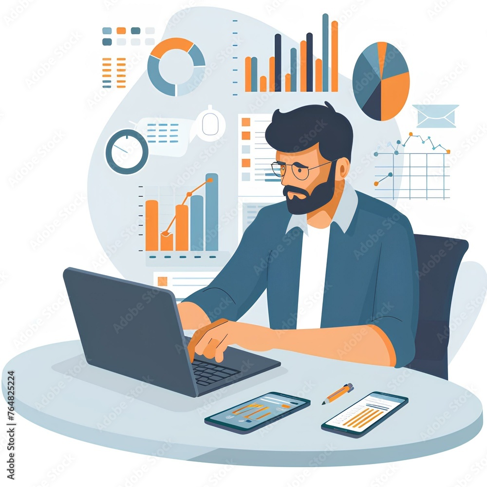 Cartoon illustration, portrait of office worker man typing laptop and using smartphone, business and finance. AI generation. Graphs and diagramas on background Cartoon illustration, portrait of office worker man typing laptop and using smartphone, business and finance. AI generation. Graphs and diagramas on background