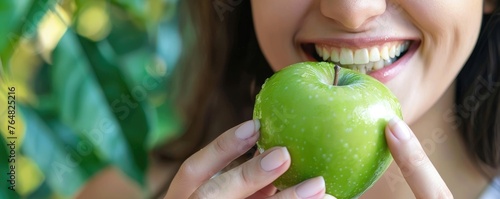 smiling woman with perfect teeth about to bite into a crisp green apple, symbolizing health and vitality