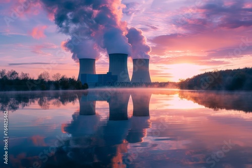 Nuclear power plant near the lake at sunset photo