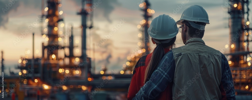 Two industrial workers in safety gear overlook a modern factory with connectivity and technology concepts Two industrial workers in safety gear overlook a modern factory with connectivity and technology concepts