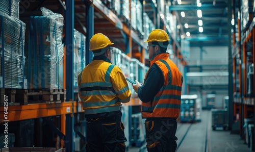 A group of industrial workers conversing in a warehouse environment photo