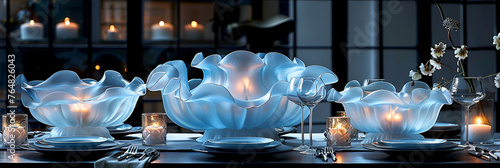 Jellyfish aesthetics - jelly, smoothness and volume of forms in table setting. Blue and light blue shades in the interior. Banner.