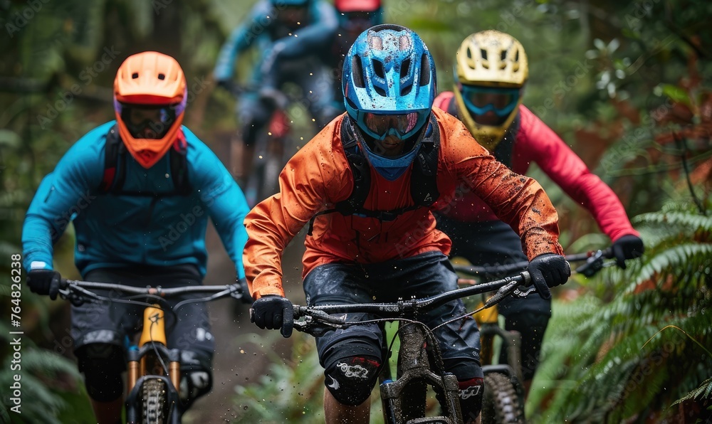 Three mountain bikers in vibrant protective gear are speeding down a dusty trail, showcasing the dynamic nature of the sport Three mountain bikers in vibrant protective gear are speeding down a dusty trail, showcasing the dynamic nature of the sport