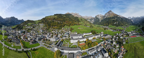 Drone view at a the convent of Engelberg in the Swiss alps photo