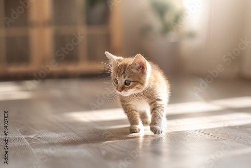 A little kitten pauses on a wooden floor, pondering its next move; a moment frozen in time reflecting thoughtfulness and play