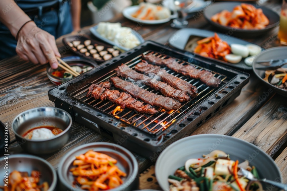 A variety of meats and side dishes are being grilled on a tabletop gas grill, capturing the essence of Korean BBQ