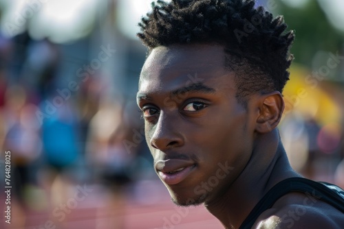 Color portrait of a young, ambitious athlete with a focused look on his face