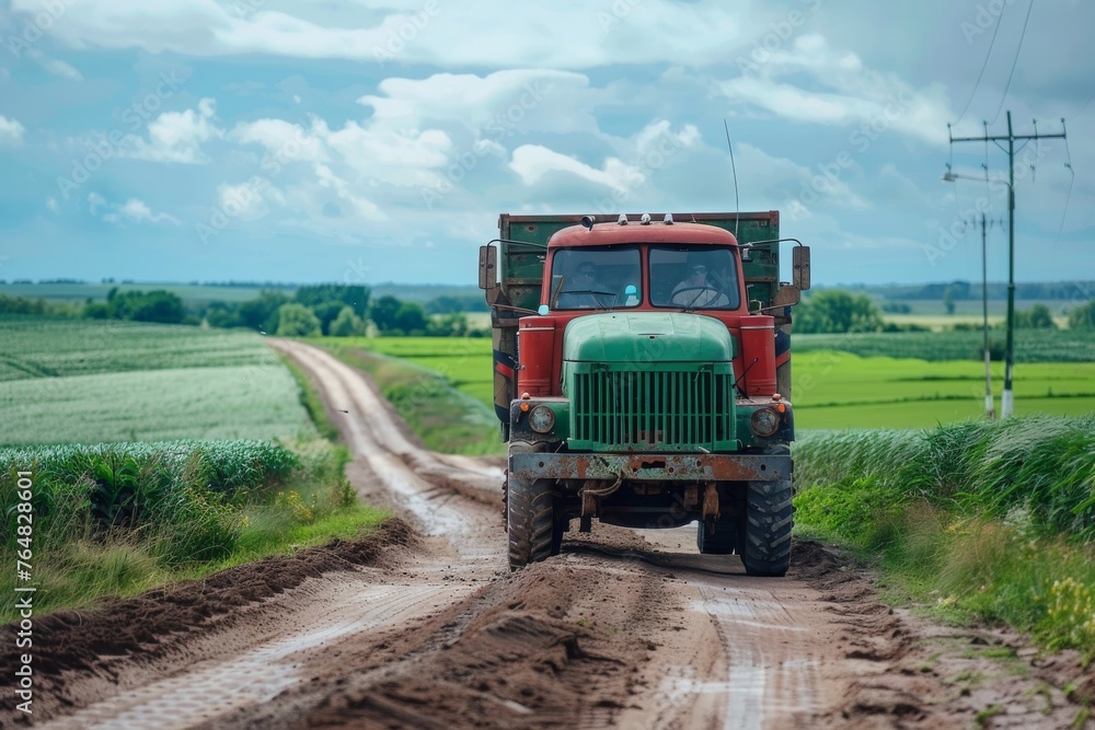 Fototapeta premium An old, sturdy red truck battles its way through the wet and muddy road of the verdant countryside