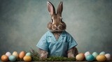 Cute easter bunny in nurse clothes. Easter celebration in hospital. Generative AI.