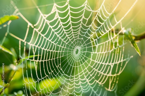 A delicate spider web is draped with dew against a vibrant green backdrop, captured in radiant morning light