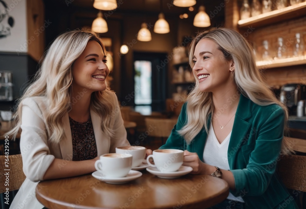 Two women share a joyful moment over cups of coffee in a cozy cafe setting. Their genuine smiles and relaxed posture invite a sense of warmth and friendship. AI generation Two women share a joyful moment over cups of coffee in a cozy cafe setting. Their genuine smiles and relaxed posture invite a sense of warmth and friendship. AI generation