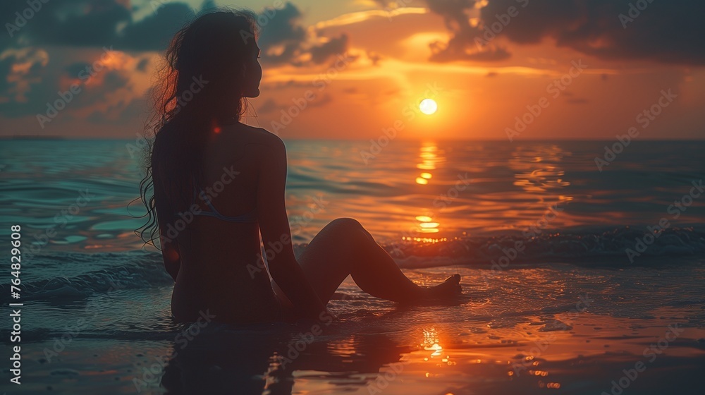 woman on the beach at sunset
