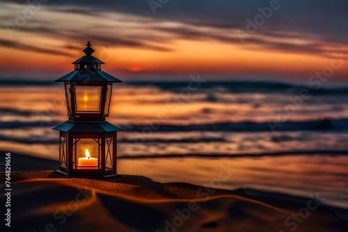 Colorful Candlelight Lantern over coastal sunset background