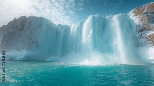 A glacier calving into a turquoise-blue fjord  shards of ice crashing into the water  mist rising like spectral tendrils into the crisp Arctic air. photo