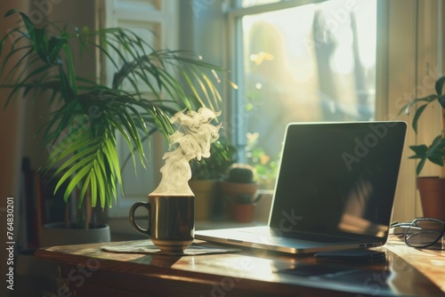 Wallpaper Mural A warm, inviting home office setting featuring a laptop, glasses, and a steaming cup of coffee amidst houseplants with sunlight filtering through the window Torontodigital.ca