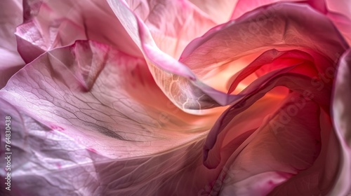 Intricate details of translucent rose petals under soft light, conveying purity and delicacy