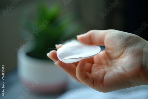 A person’s hand is holding a white cotton pad with a blurred greenery background suggesting care