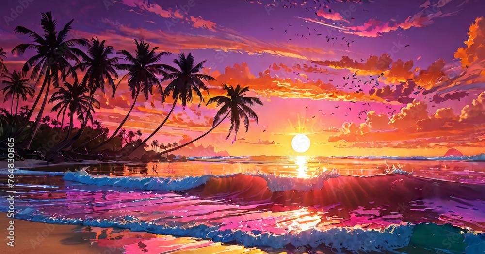 This striking artwork depicts the serene beauty of a tropical sunset with the sun dipping low on the horizon. Reflective waters and the silhouettes of palm trees create a peaceful setting. AI