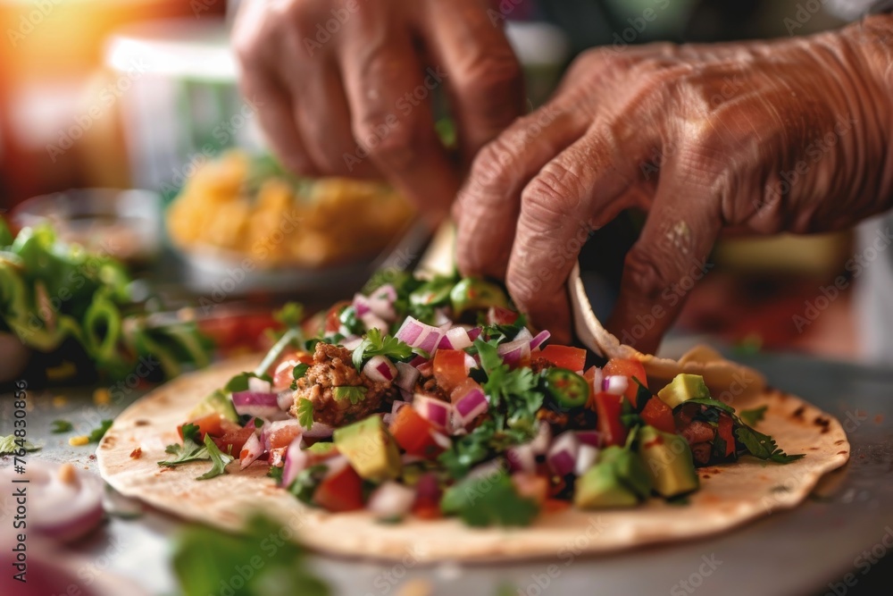 Meticulous assembly of a taco with vibrant ingredients such as tomatoes, onions, and cilantro being added